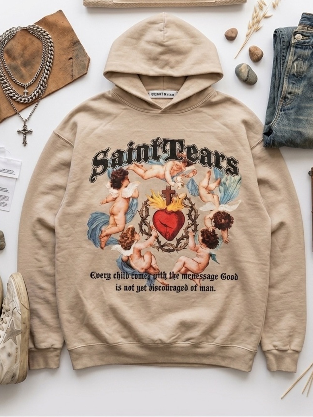 Saint Tears Graphic Hoodie Cherub & Sacred Heart Tan Size L Unisex Streetwear